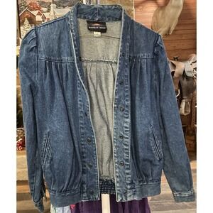 Vintage Rainbow Ridge Denim Bomber Jacket Womens M Blue Pleated Back USA